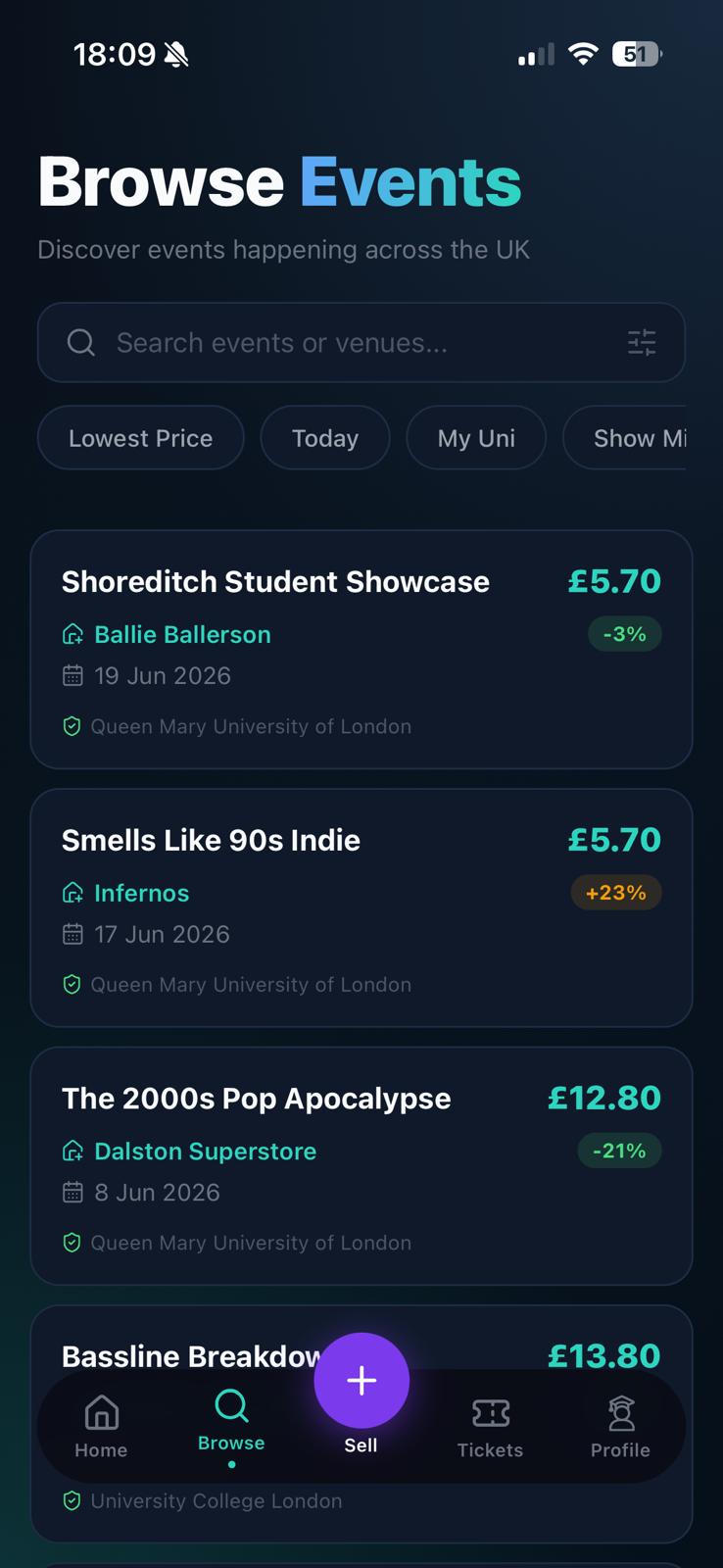 Student Market Browse screen